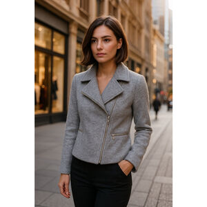 Ann Taylor Wool Moto Jacket Boucle Gray Asymmetrical Zip Pockets Classic Preppy